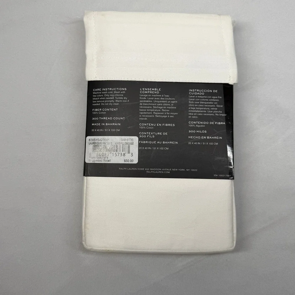 Ralph Lauren Dunham Sateen Pillowcase White King Set of 2 Cotton 300 TC